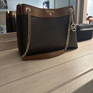 Michael Kors Brown Signature Chain Shoulder Bag – Gold Hardware